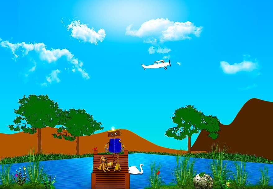 หุ่นยนต์, หมา, ดาดฟ้าไม้, ทะเลสาป, น้ำ, Rog, หงส์, เครื่องบิน, ต้นไม้, เมฆ, หิน