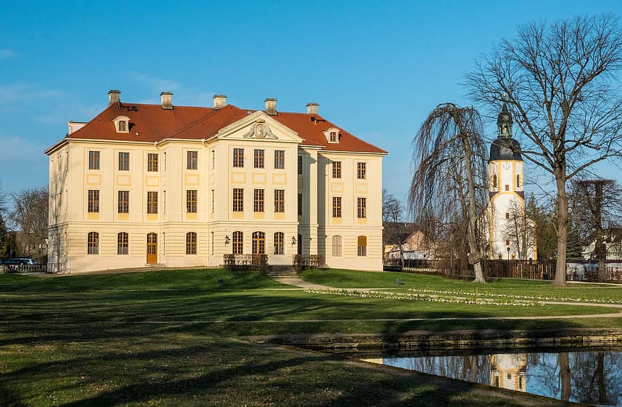 kasteel, tuin-, mijlpaal, Zabeltitz, vijver, paleis, facade, historisch, park, barok-, Saksen