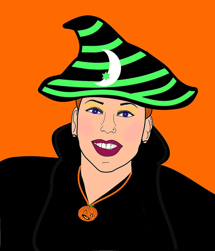 bruxa, dia das Bruxas, mulher, retrato, chapéu de bruxa, traje, Colar de abóbora, chapéu
