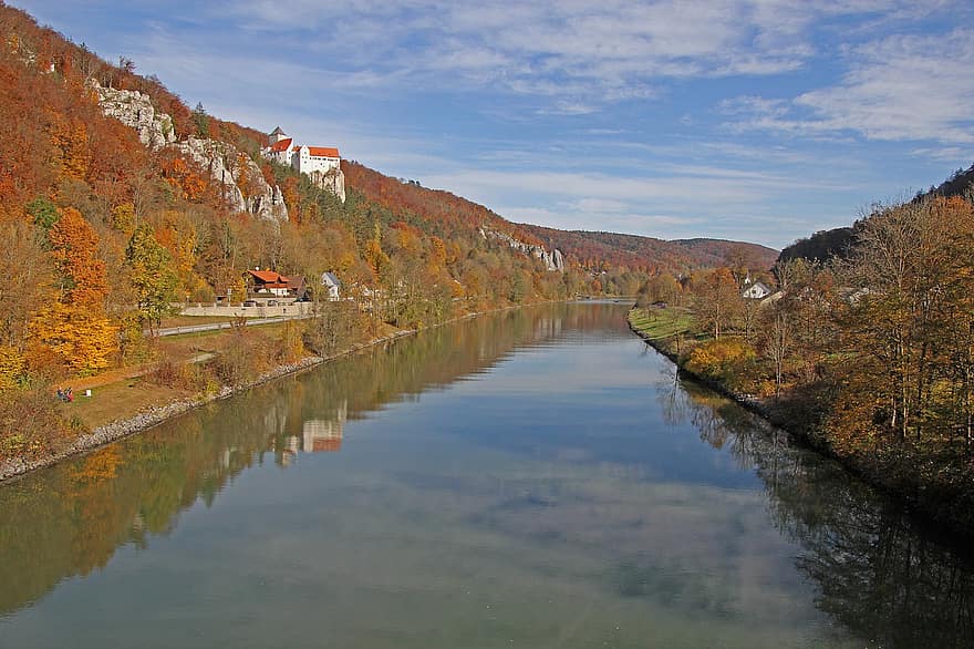 folyó, völgy, ősz, Altmühl, altmühl-völgy, víz, kastély, levelek, lombozat, őszi levelek, őszi lombozat