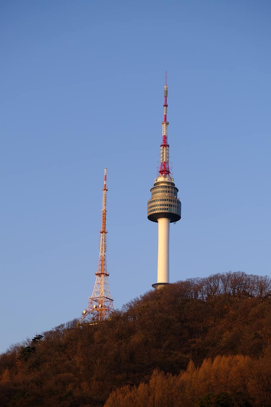 namsan toren, reizen, toerisme, Korea, seoul toren, architectuur, toren, antenne, berg-, hemel, blauw