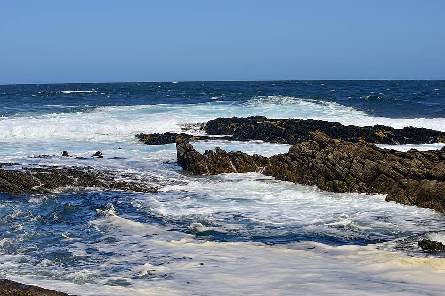 valtameri, meri, aallot, rannikko, kiviä, vesi, merimaisema, Hermanus, Etelä-Afrikka, lomat, taivas