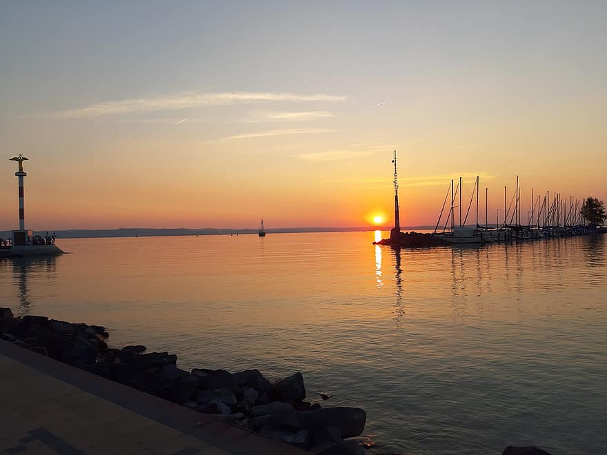 sjö, båt, hamn, solnedgång, Balaton, ungern, vatten, sommar, ljus