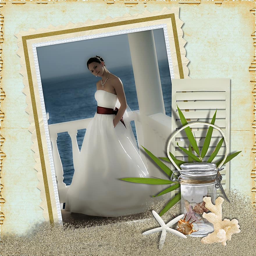 nevěsta, pláž, svatební šaty, bílý, fotoalbum, rám, svatba, šaty, moře, oceán, dívka