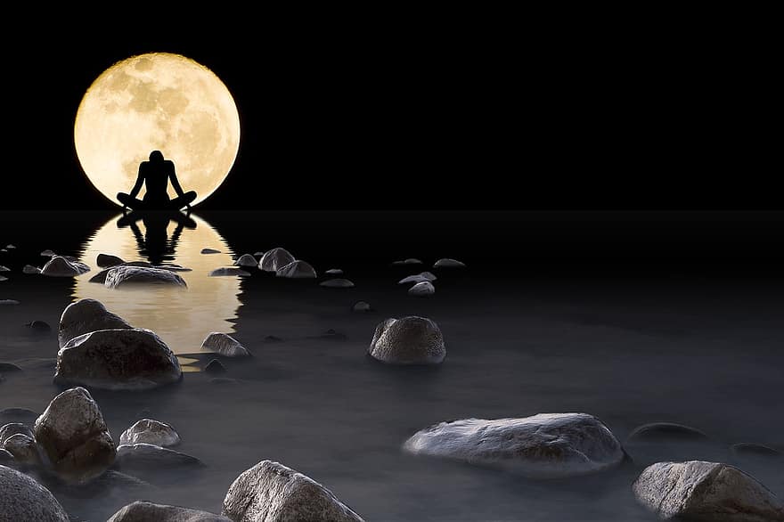 luna, ūdens, akmeņi, akmens, pārdomas, horizonts, naktī, sieviete, joga, veidne, perspektīvu