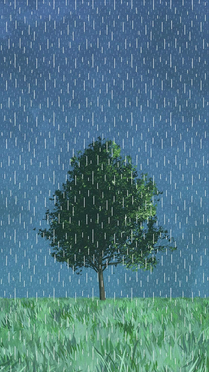 obraz, kreatywność, łąka, drzewo, deszcz, niebieski deszcz, niebieski obraz, niebieska farba
