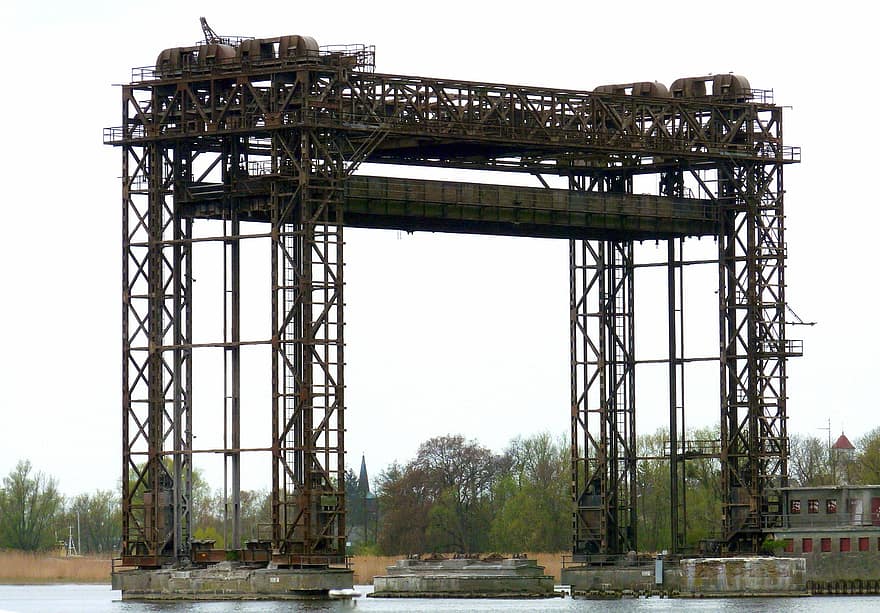 подъемный мост, Пенестром, река, остров Узедом, Германия, воды, технический памятник, железнодорожный мост, промышленность, строительная промышленность, сталь