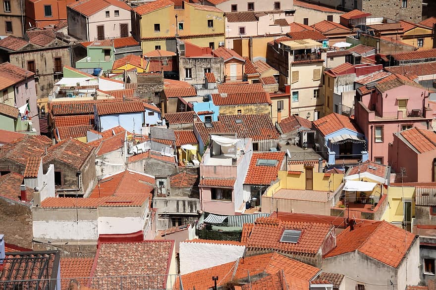 Sardinie, město, budov, domy, střechy, vesnice