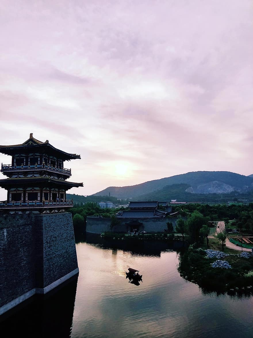 Сяньян, танг, місто, палац, кам'яна стіна, архітектура, озеро, вежа, древній, історичний, китайська архітектура