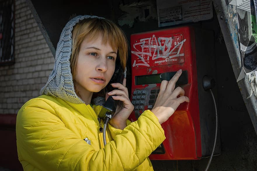 Woman, Call, Phone Booth, Payphone, Landline Telephone, Street, City, Road, Winter