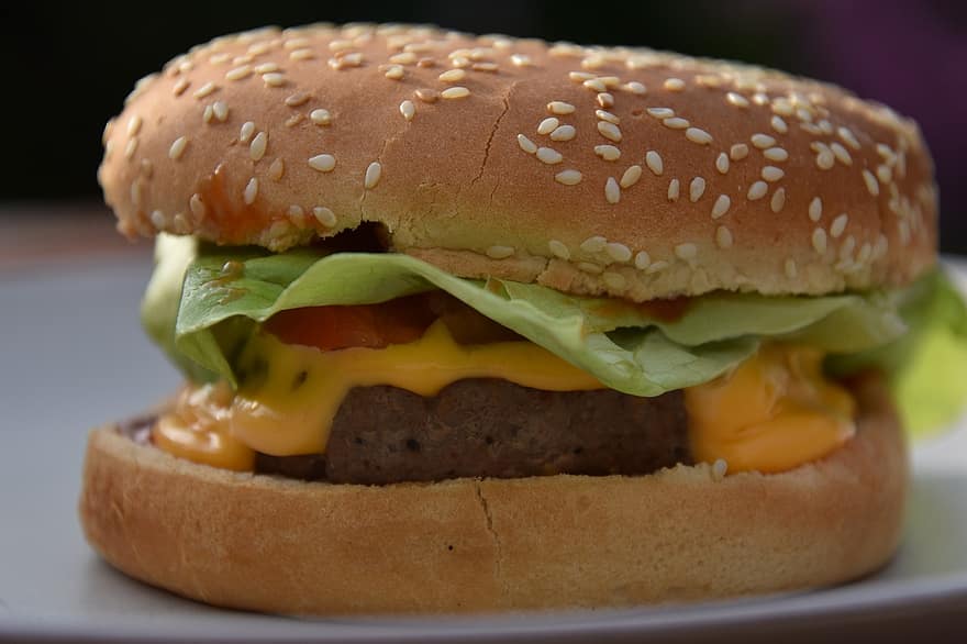 hamburguesa, comida, almuerzo, bocadillo, queso, tomate, lechuga, cocina