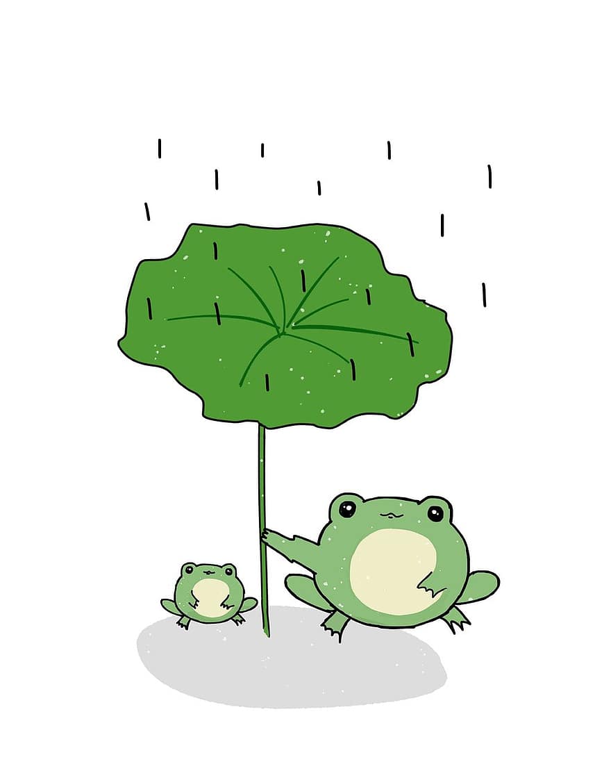 ếch nhái, yêu và quý, Ếch mẹ và Ếch con, lá sen, mưa, tình cảm, thú vật, màu xanh lá, dễ thương, con ếch, tim
