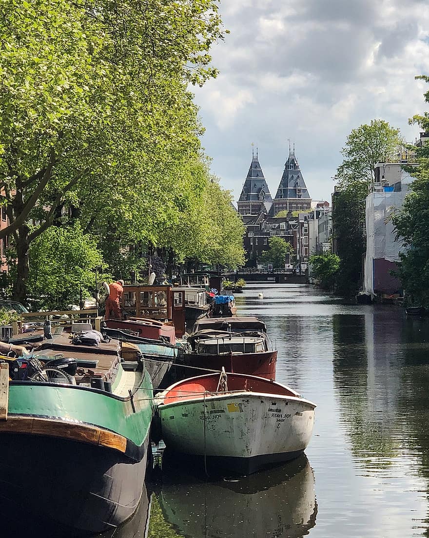 csónak, Amszterdam, utazás, idegenforgalom, Európa, Hollandia, csatorna, város