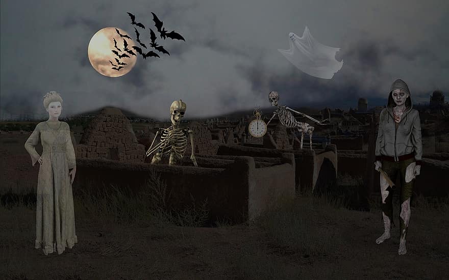 Víspera de Todos los Santos, esqueleto, espíritu, zombi, murciélago, místico, extraño, horripilante, Luna, noche, surrealista