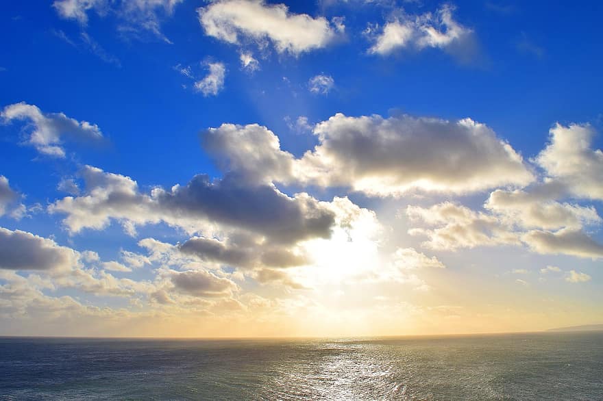 море, горизонт, небо, солнце, облака, природа, западное побережье