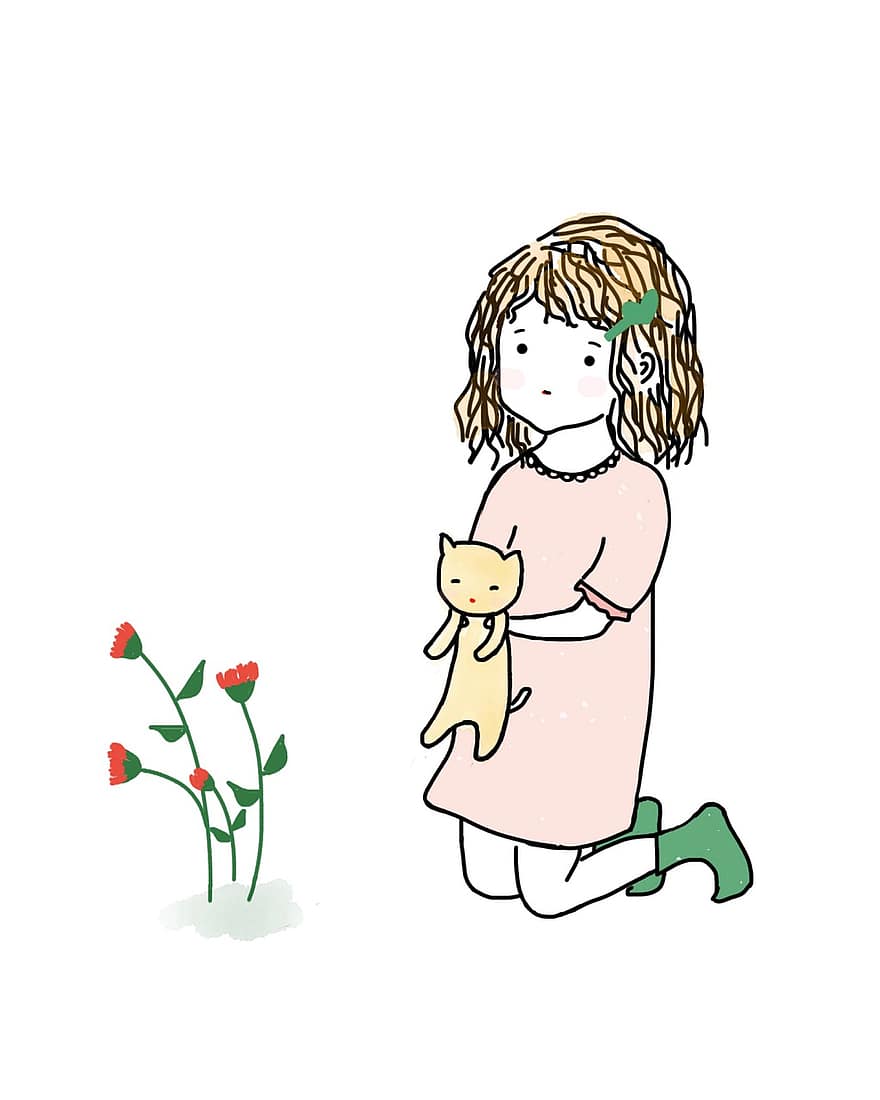 Girl, Cat, Kitten, Flower, Cute, Pet, Animal, Sweet, Adorable, Green Socks, Sketch