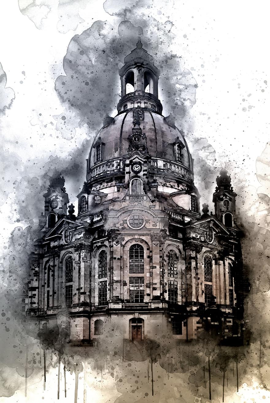 Germany, Saxony, Dresden, Frauenkirche, Landmark, Building, Ink Art, Church, Europe, Travel, Cathedral