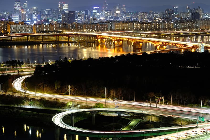 oraș, viziune nocturnă, peisaj, Seul, Republica Coreea, Coreea, pod, râu, noapte, peisaj urban, trafic