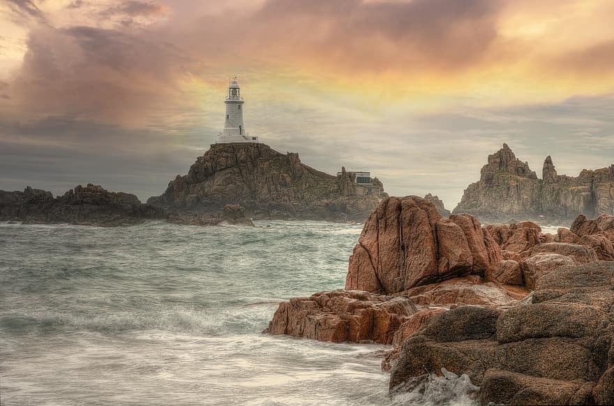Lighthouse, Sea, Coast, Navigation, Beacon, Watchtower, Rock Formations, Rocky Coast, Sky, Sunset, Clouds