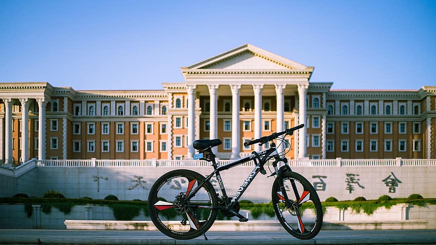 bicikli, egyetemi, épület, kerékpár, egyetem, épülethomlokzat
