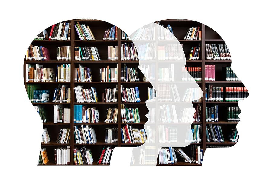 cabezas, libros, conocimiento, leyendo, símbolo, biblioteca, literatura, aprendizaje, estudiante, educación, ratón de biblioteca