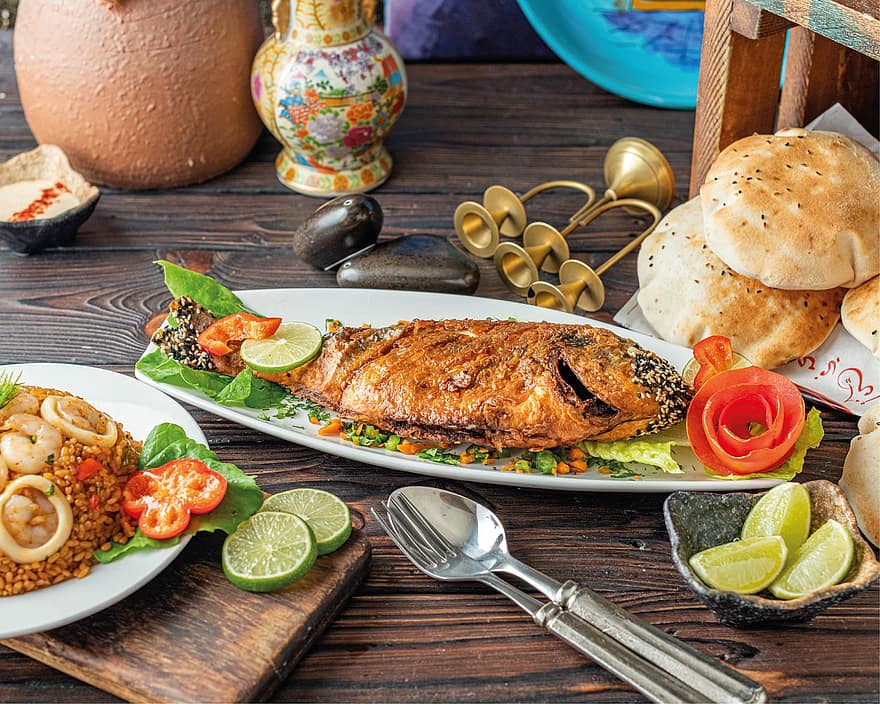 frutos do mar, Peixe Tandoori, Prato de Peixe, peixe frito, Comida, comida árabe, Arroz de Peixe, refeição, grelhado, carne, gourmet