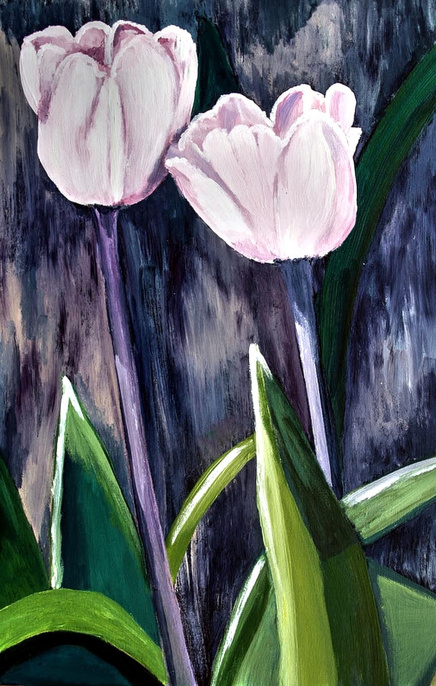 Malované tulipány, akrylová barva, tahy štětcem