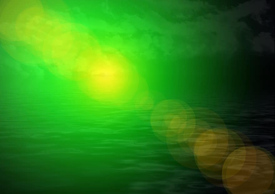 バックグラウンド、緑、水、波、光、光線、雲、太陽、空、気分、バックライト