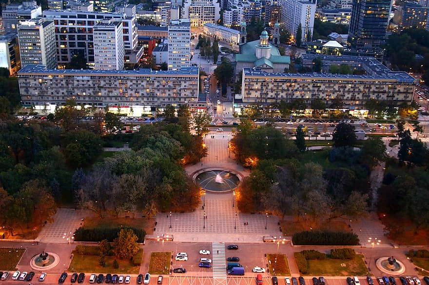 Warsaw, Poland, City, Night, Buildings, Cityscape, Urban, Park, Fountain, Lights, Capital City