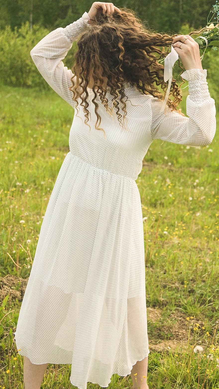 Girl, White Dress, Curly Hair, Brunette, Hairstyle, Dress, Fashion, Style, Young Woman, Female, Curls