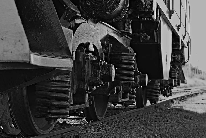 tog, aluminiumsfælge, fjedre, damp lokomotiv, jernbane, rejse, gammel, metal, lokomotiv, par, hjul