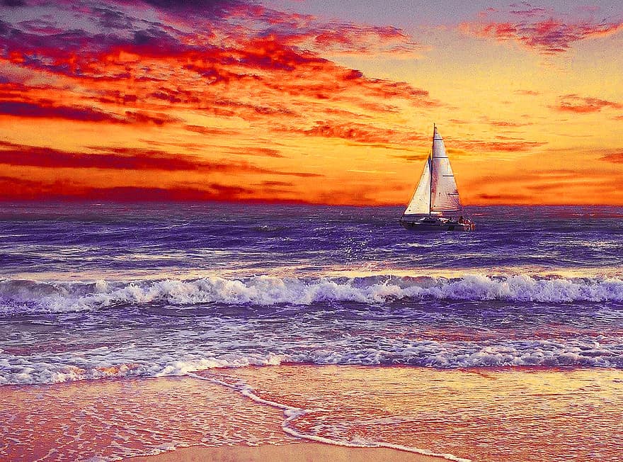 Sailboat, Beach, Sand, Ocean, Sunrise, Sunset, Sea, Seascape, Sky, Water, Dawn