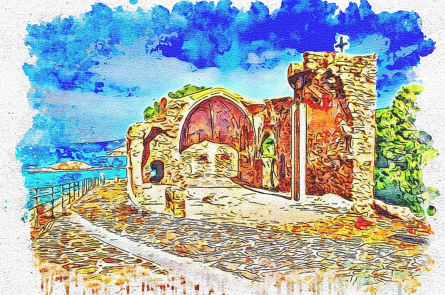 medieval, vell, capella, ruïnes, mar, carrer, aquarel·la, coberta, religió, vintage, colorit