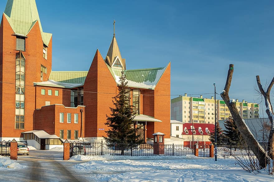 Челябинск, църква, зима, параклис, град, архитектура, катедрала, сняг, пейзаж