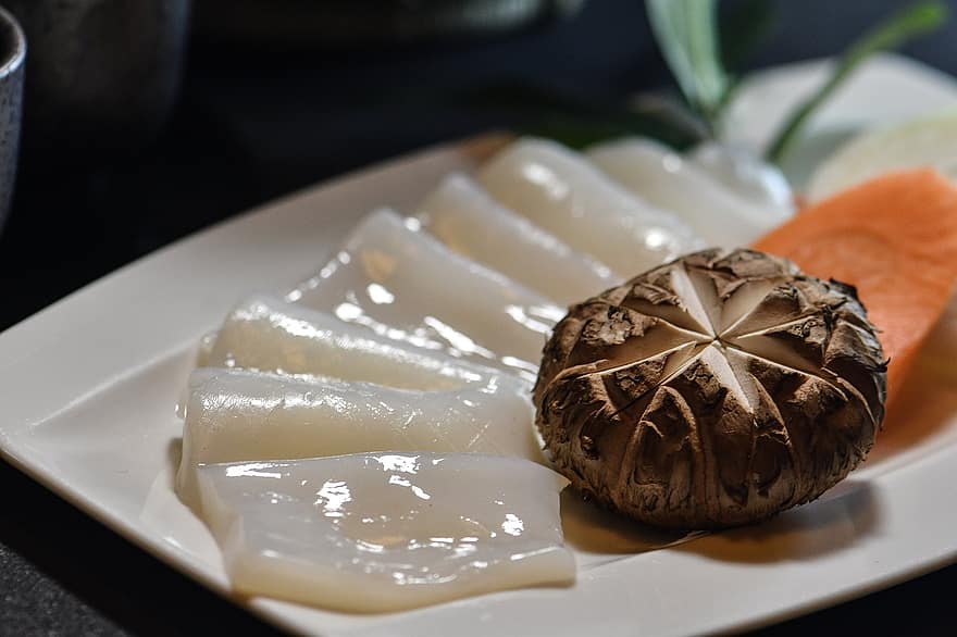 kałamarnica, sashimi, shabu shabu, yakiniku, surowy, Mięso Kałamarnicy, zdrowy, płyta, talerz, jedzenie, surowe jedzenie