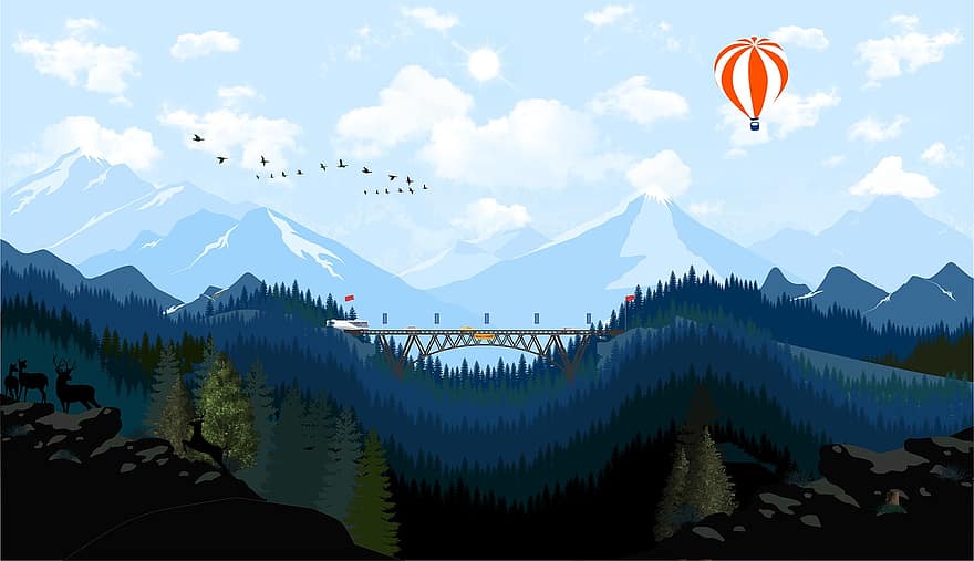 fjellene, varmluftsballong, skoger, bro, trær, fugler, trekkfugler, flygende fugler, Alpene, alpine, bartrær