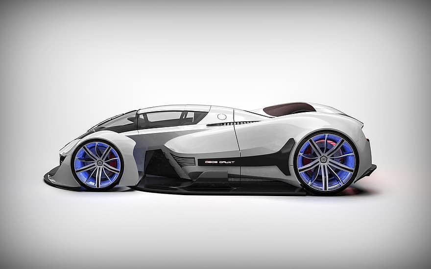 bil, Futuristisk bil, 3d framförts, 3d rendering, fordon, snabb bil, lyxbil, bil-, racerbil, vit bil