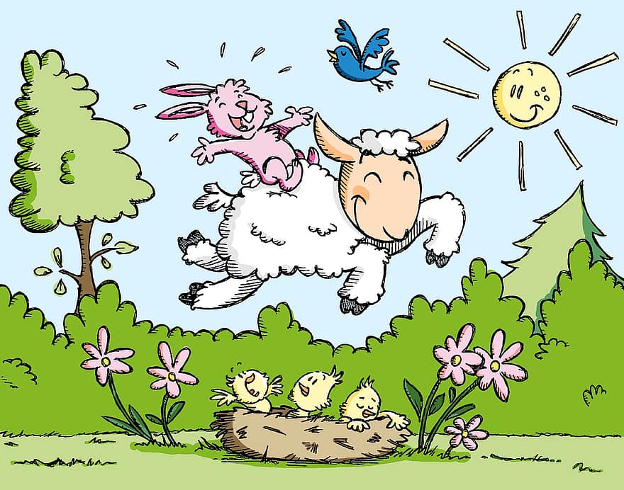 kevät, lammas, onnellinen, ulko-, niitty, pupu, lintuja, poikaset, pääsiäinen, pysäköidä, ala