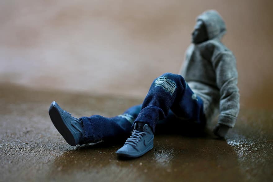 Alone, Lonely, Action Figure, Sad, Depression, Jeans, Hoodie, Knocked Down