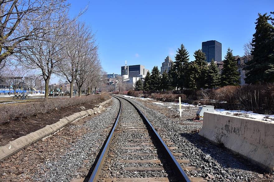 Railroad, Train Track, Railway, Rail, Transport, Montreal City, Trees, Plants, Buildings
