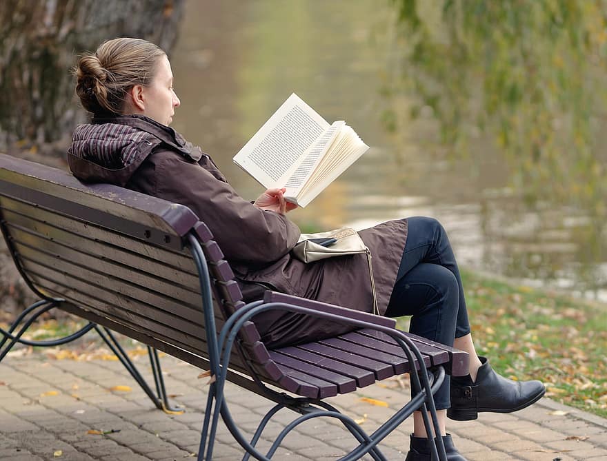 Woman, Young, Book, Bench, Person, Reading, Park, sitting, one person, adult, men