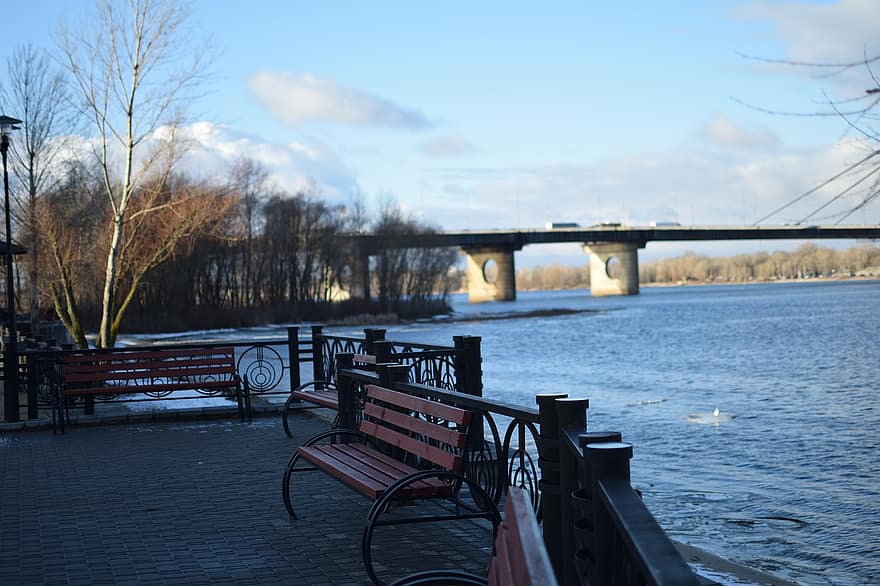 terraplén, río, Dnieper, kiev, banco, puente, agua, arquitectura, transporte, azul, invierno