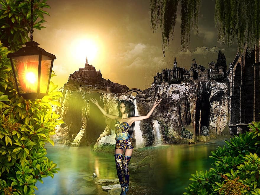 Background, Mountains, Castle, Lantern, Lake, Wizard, Fantasy, Female, Character, Digital Art