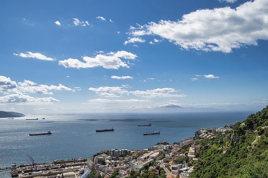 hav, by, Gibraltar-sjøen, Afrika, skip, bygninger, kyst, landskap, fjell, himmel, skyer