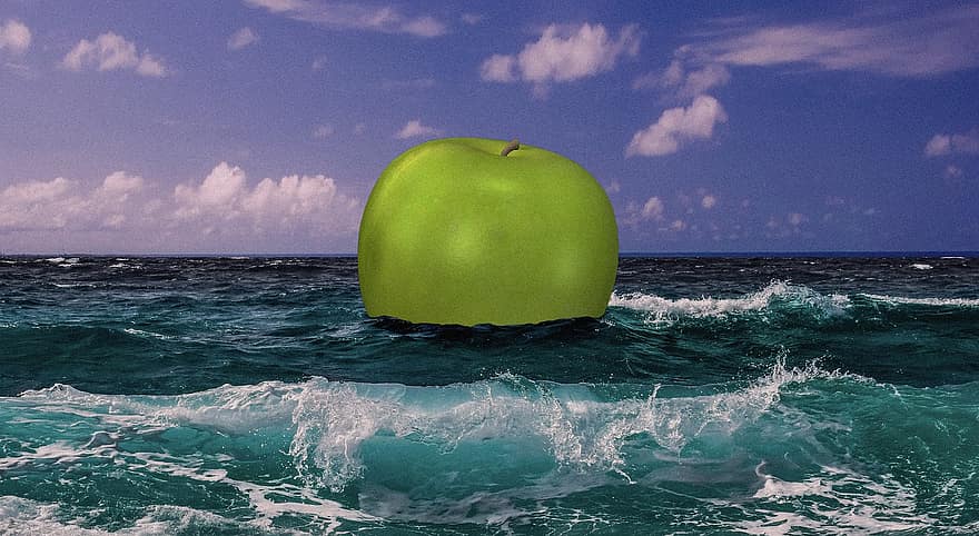 зелена ябълка, океан, вълни, ябълка, плодове, море, вода, хоризонт, небе, облаци