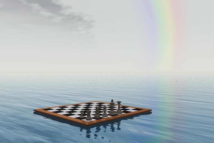 szachy, tablica, pionek, kawałek, gra, tęcza, morze, woda, ocean, abstrakcyjny, pojęcie