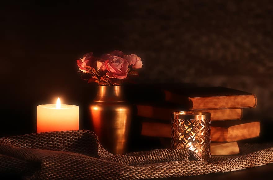 Roses, Candle, Candlelight, Bunch Of Flowers, Bouquet Of Roses, backgrounds, flame, fire, natural phenomenon, romance, decoration