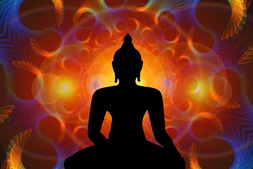 silueta, Buda, sentado, patas, meditación, interior, armonía, descanso, silencio, inspiración, luz de la luna