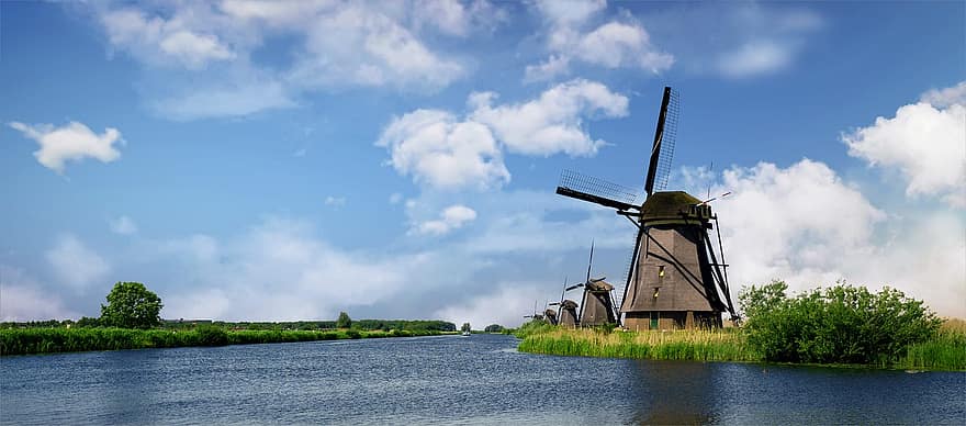 ветряные мельницы, река, поля, облака, сельская местность, пейзаж, небо, Kinderdijk, природа, Нидерланды, солнце