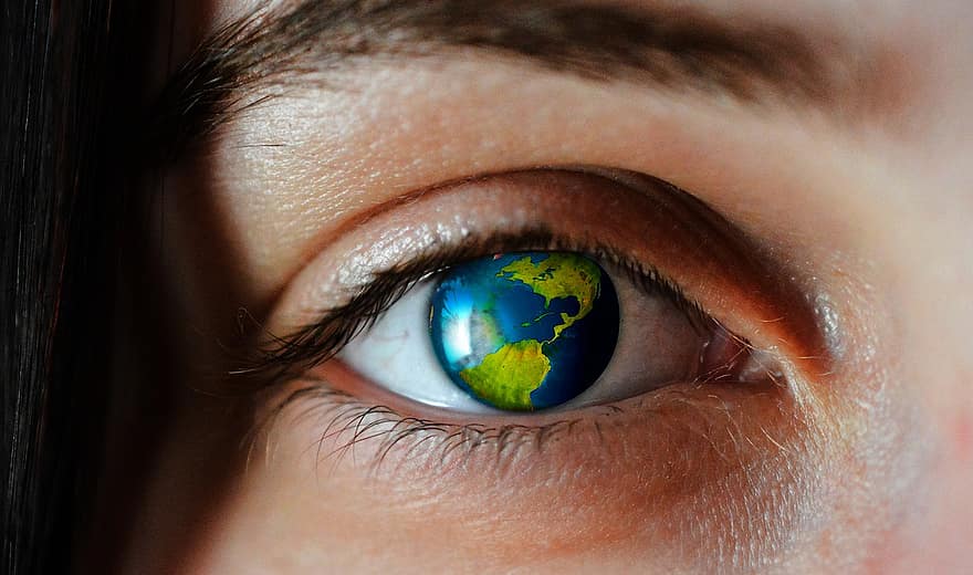 øje, jorden, globus, kvinde, elev, låg, øjenbryn, verden, opfattelse, synspunkt, spejling